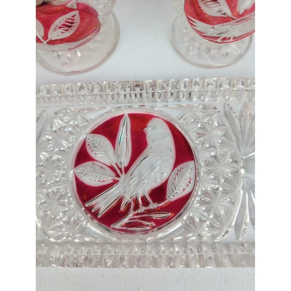 Hofbauer Byrdes Ruby Lead Crystal Creamer & Lidded Sugar Bowl & Tray **Read**